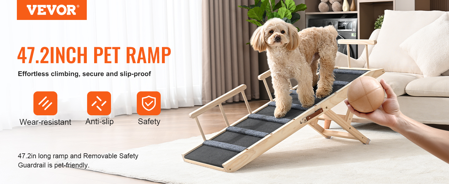 VEVOR dog ramp with safety guardrail, showing a dog on a 47.2-inch anti-slip pet ramp indoors.