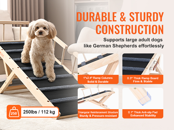 durable VEVOR dog ramp with anti-slip surface and wooden frame supporting large dogs up to 250 lbs.