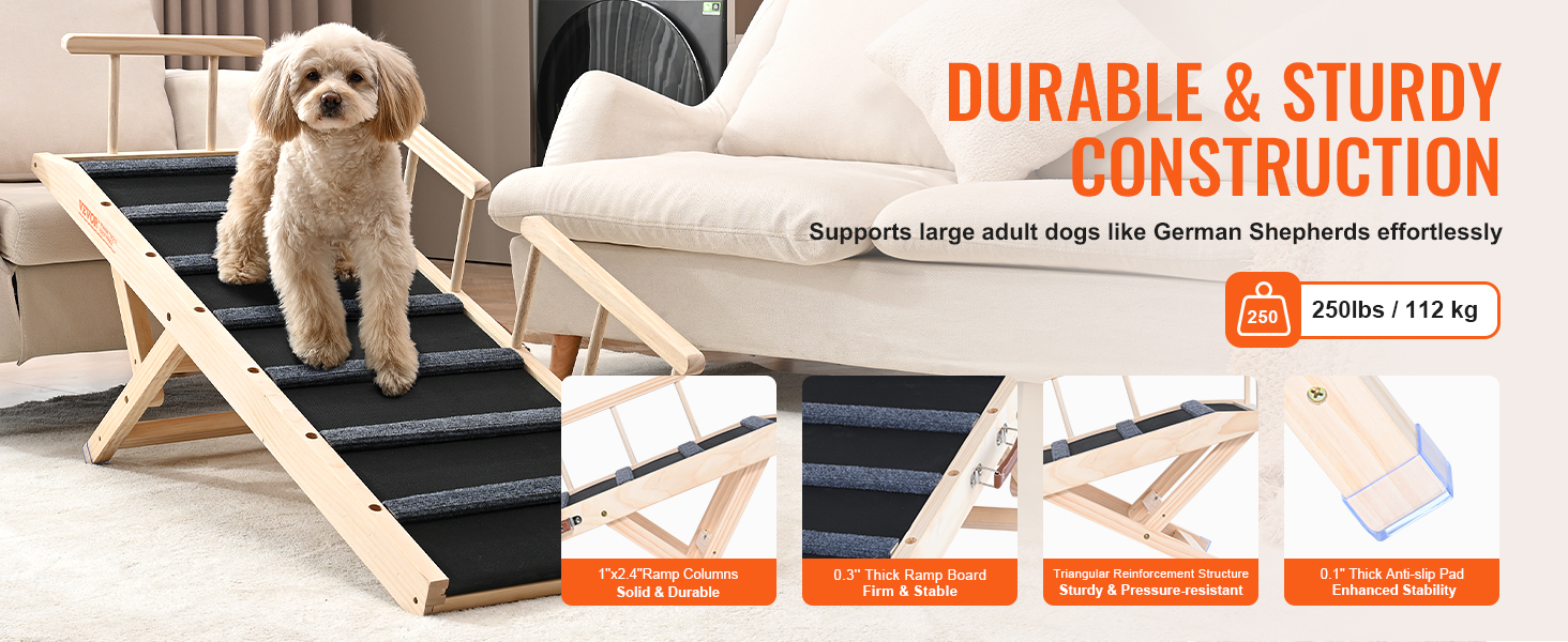 durable VEVOR dog ramp with anti-slip surface and wooden frame supporting large dogs up to 250 lbs.