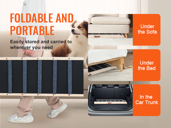 foldable and portable VEVOR dog ramp, easily stored under the sofa, bed, or in the car trunk.