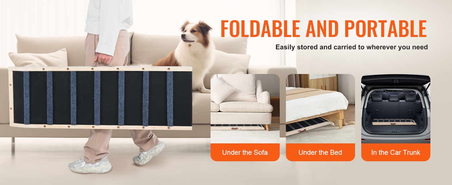foldable and portable VEVOR dog ramp, easily stored under the sofa, bed, or in the car trunk.
