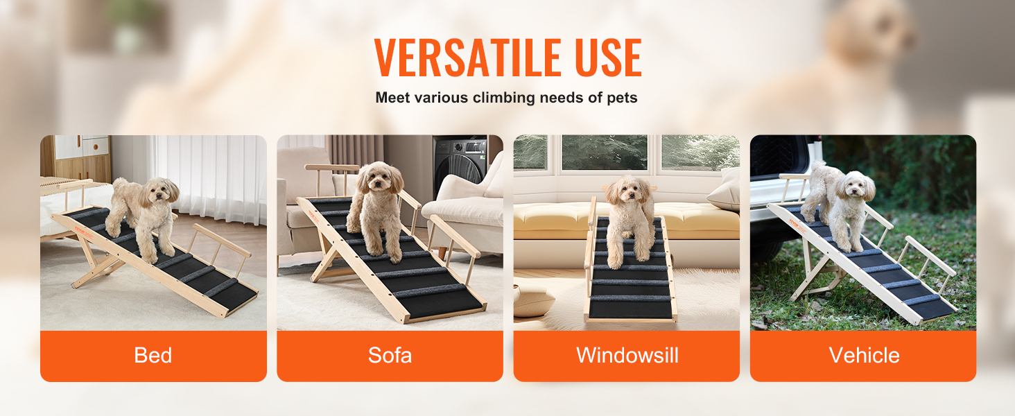 versatile VEVOR dog ramp for bed, sofa, windowsill, and vehicle, showcasing various usage scenarios.