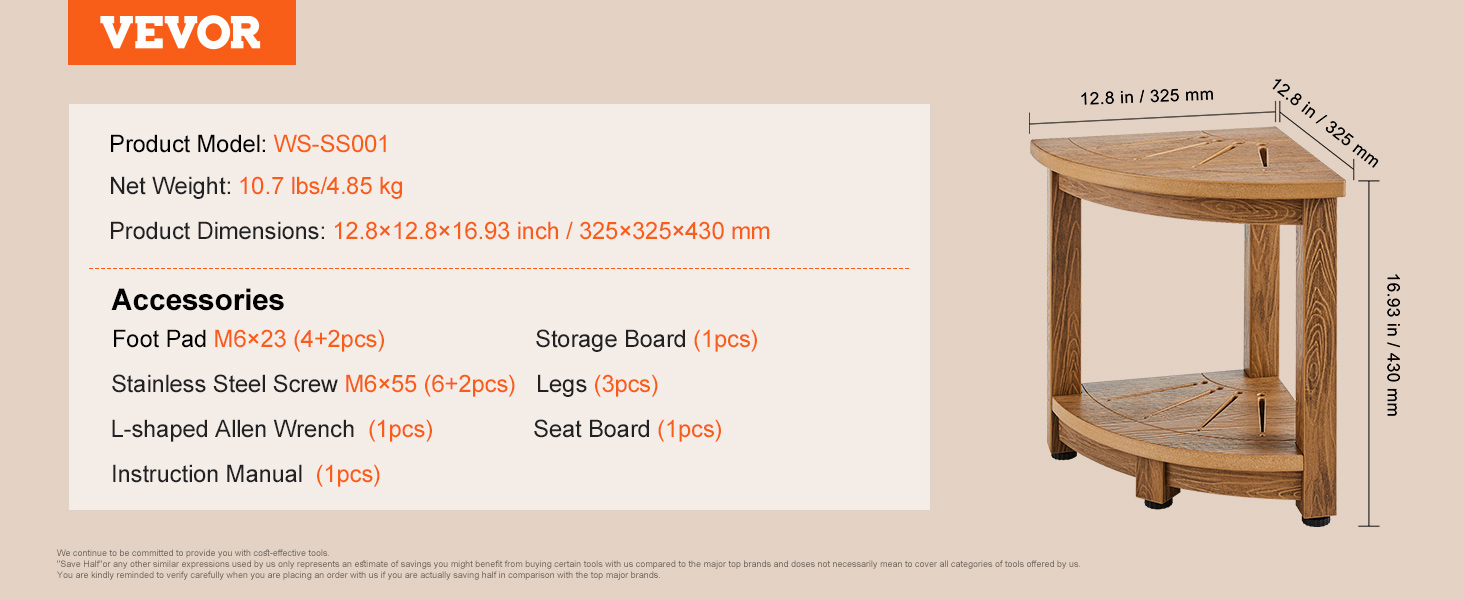 VEVOR corner shower bench, model ws-ss001, 10.7lbs, 12.8x12.8x16.93in, accessories included.