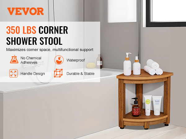 VEVOR corner shower bench next to bathtub with toiletries, featuring waterproof and durable design.