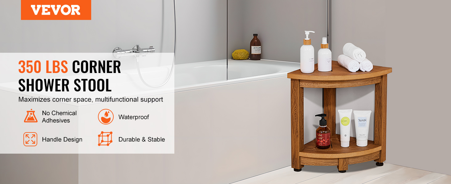 VEVOR corner shower bench next to bathtub with toiletries, featuring waterproof and durable design.