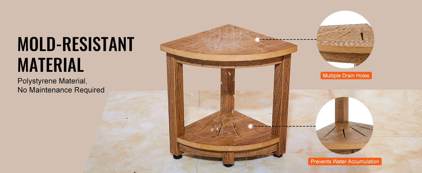 mold-resistant VEVOR corner shower bench with multiple drain holes and prevents water accumulation.