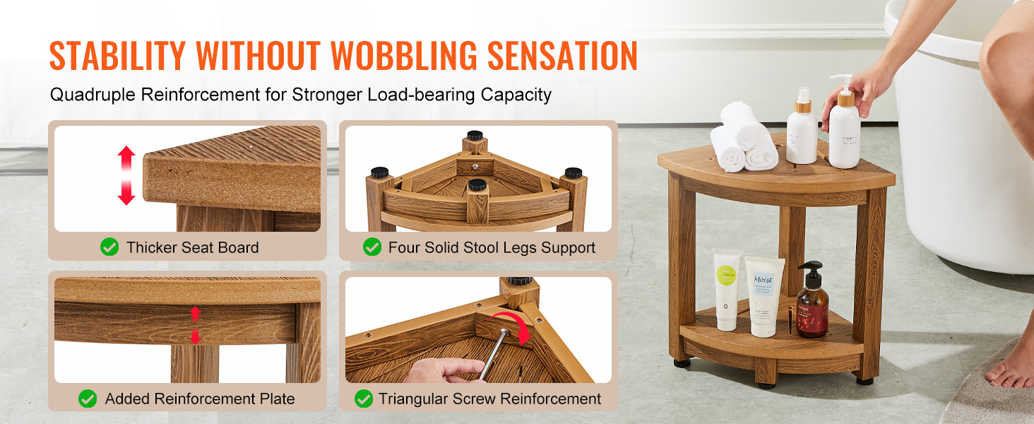 sturdy VEVOR corner shower bench showing thicker seat, solid legs, added reinforcement, and screws.