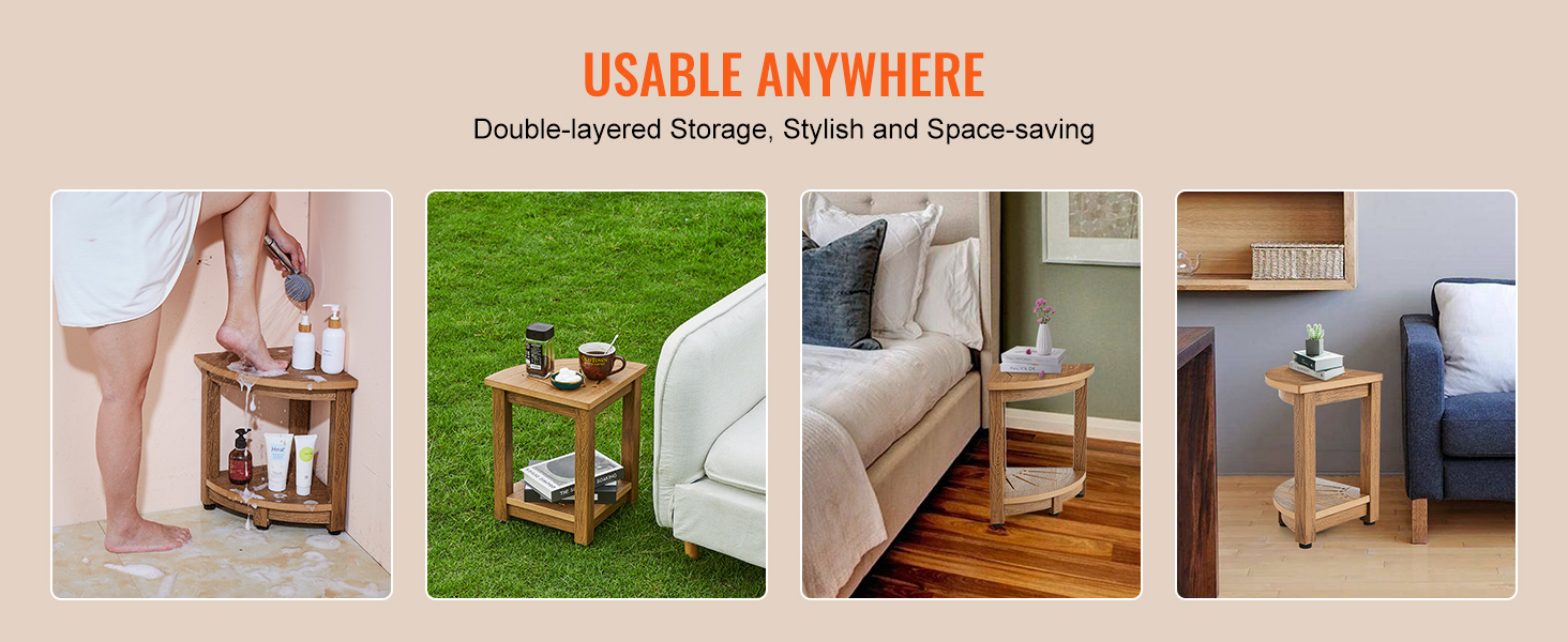 VEVOR corner shower bench, dual-layer wooden design in shower, garden, bedroom, and living room settings