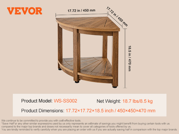 VEVOR corner shower bench with storage, dimensions 17.72x17.72x18.5 inch, includes accessories.