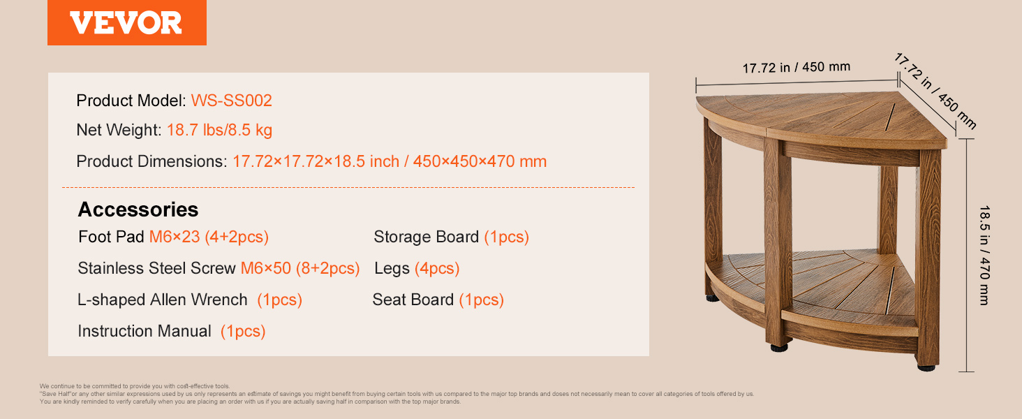 VEVOR corner shower bench with storage, dimensions 17.72x17.72x18.5 inch, includes accessories.