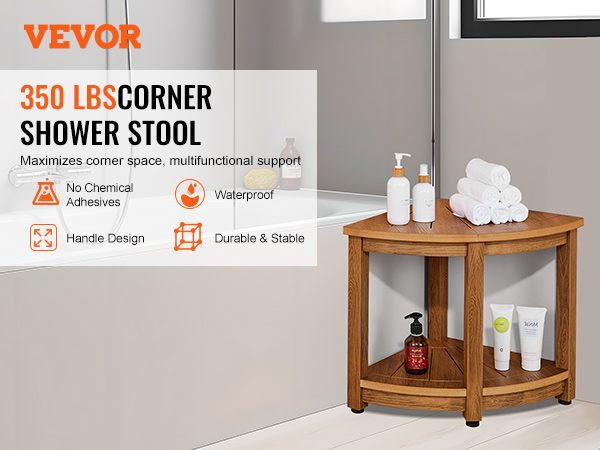 VEVOR corner shower bench, sturdy wooden stool beside a bathtub holding towels and bottles.