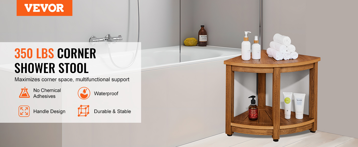 VEVOR corner shower bench, sturdy wooden stool beside a bathtub holding towels and bottles.