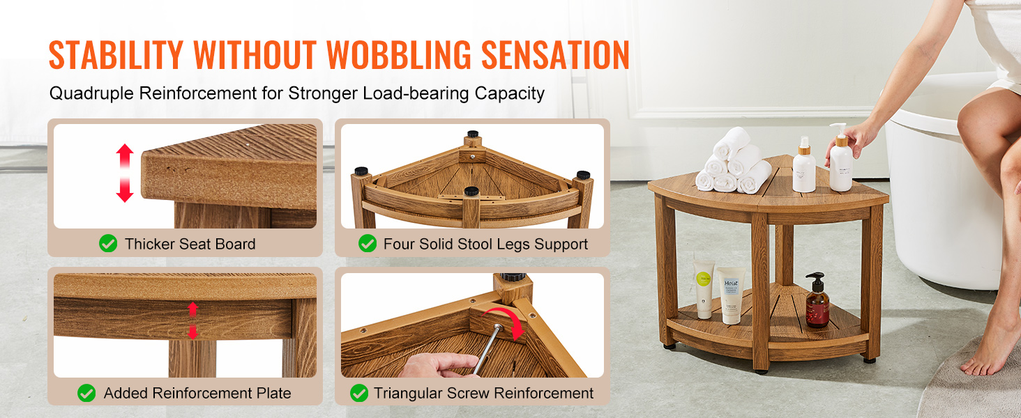 VEVOR corner shower bench with thicker seat board, four solid stool legs, and triangular screw reinforcement.