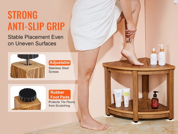 VEVOR corner shower bench showcasing anti-slip grip, adjustable stainless steel screws, and rubber foot pads.