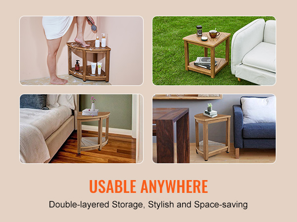 VEVOR corner shower bench with double-layered storage, shown in bathroom, garden, and living room setups.