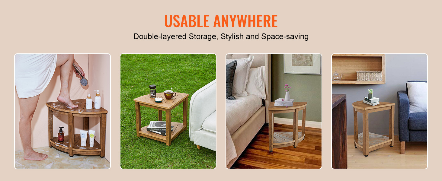 VEVOR corner shower bench with double-layered storage, shown in bathroom, garden, and living room setups.