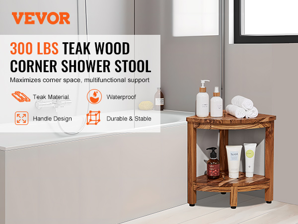VEVOR teak shower bench placed beside a bathtub with toiletries and towels on its two-tier shelves.