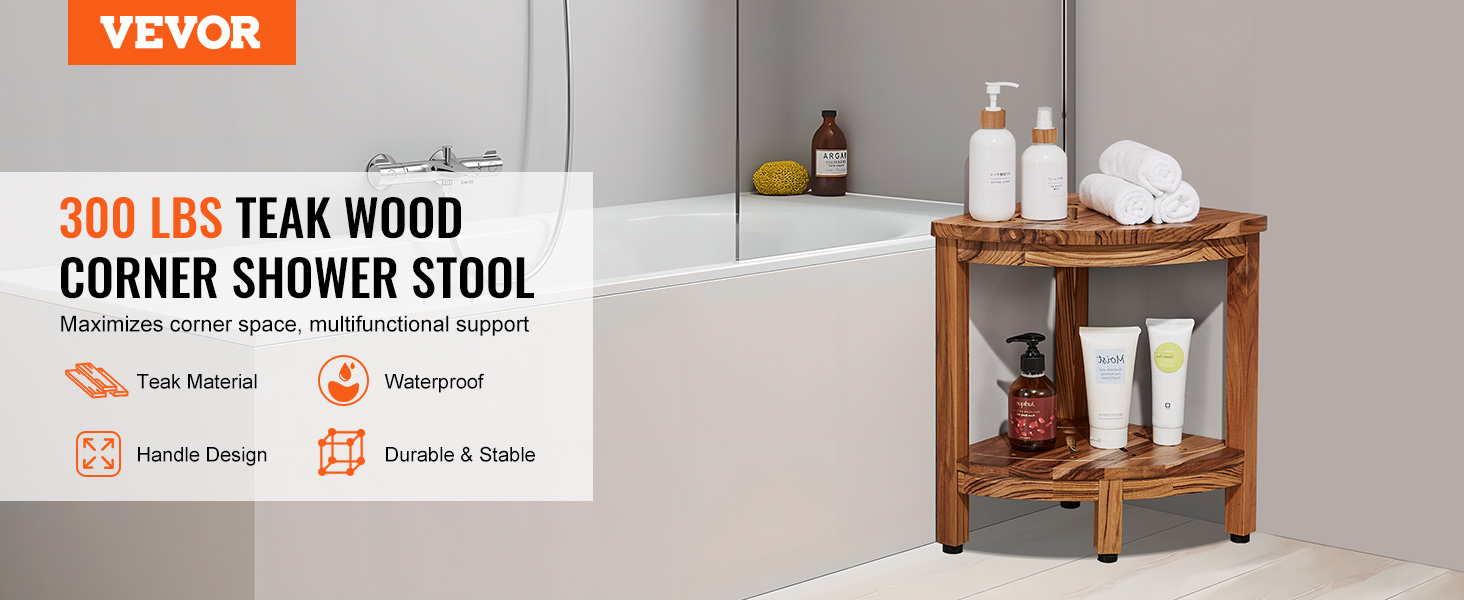 VEVOR teak shower bench placed beside a bathtub with toiletries and towels on its two-tier shelves.