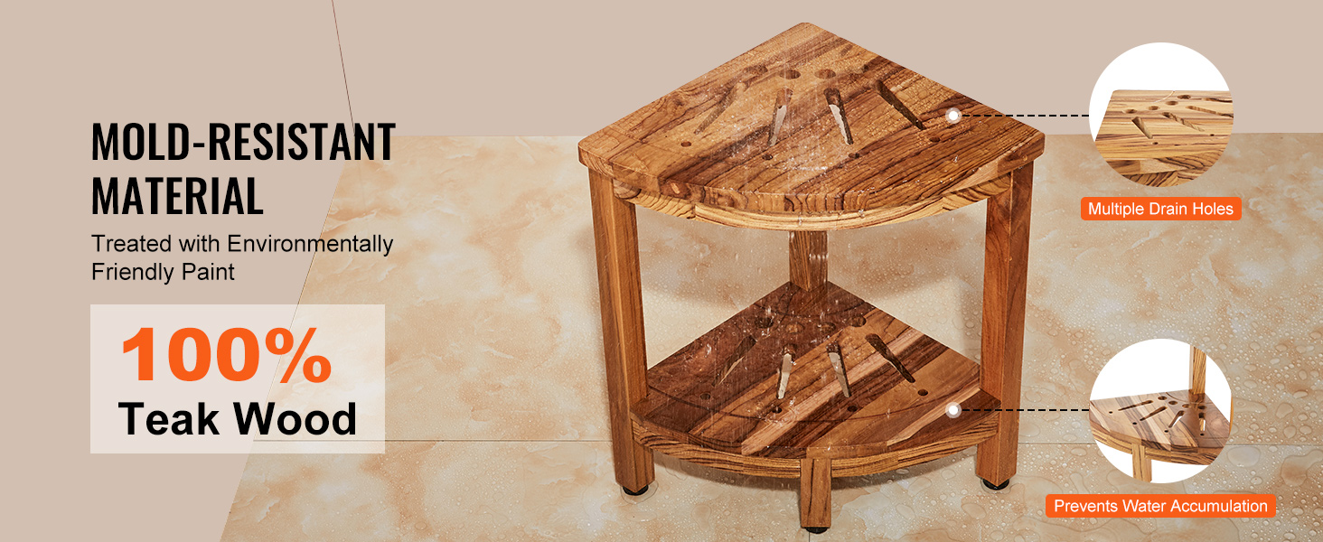 VEVOR teak shower bench in corner, mold-resistant, eco-friendly paint, multiple drain holes, 100% teak wood.