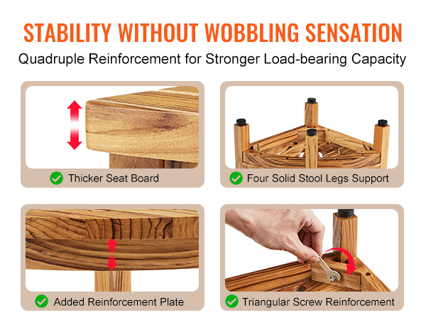 sturdy and stable VEVOR teak shower bench with thicker seat, solid legs, and reinforced screws.