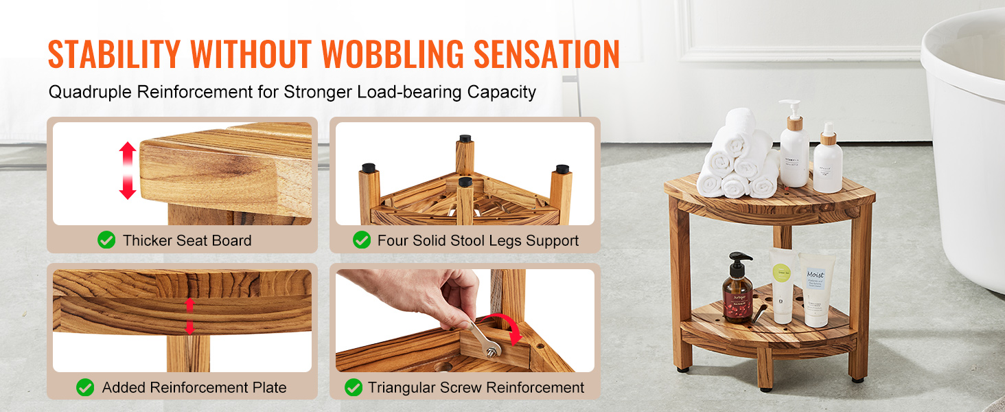 sturdy and stable VEVOR teak shower bench with thicker seat, solid legs, and reinforced screws.
