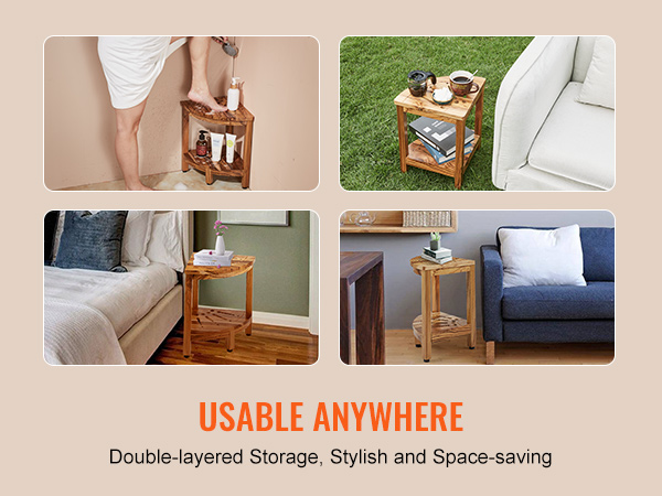 VEVOR teak shower bench: versatile, stylish, double-layered storage for bathroom, living room, and bedroom.