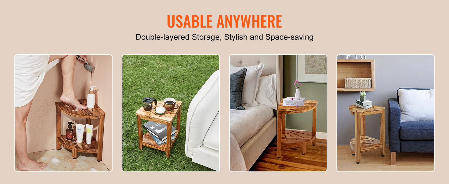 VEVOR teak shower bench: versatile, stylish, double-layered storage for bathroom, living room, and bedroom.