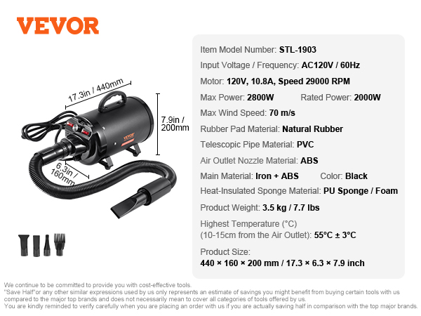 VEVOR dog dryer stl-1903 with iron and abs, 2800w, 17.3"x6.3"x7.9", various nozzles included.