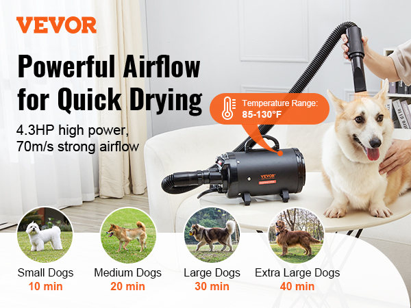 VEVOR dog dryer with 4.3hp power, quick drying for small to extra-large dogs, temperature range 85-130°f.