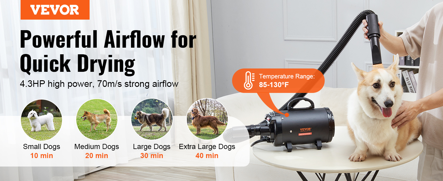VEVOR dog dryer with 4.3hp power, quick drying for small to extra-large dogs, temperature range 85-130°f.