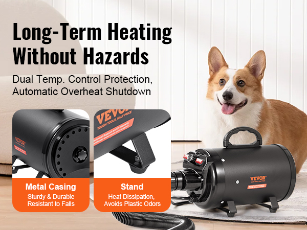 VEVOR dog dryer with dual temperature control, metal casing, and heat dissipation stand on floor.