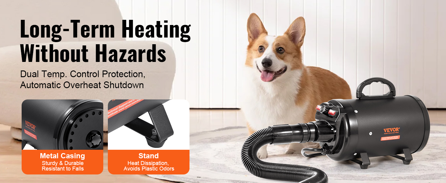 VEVOR dog dryer with dual temperature control, metal casing, and heat dissipation stand on floor.