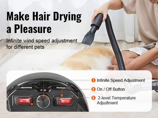 VEVOR dog dryer in black, adjustable settings, used by person drying a pet's fur on a wooden floor.