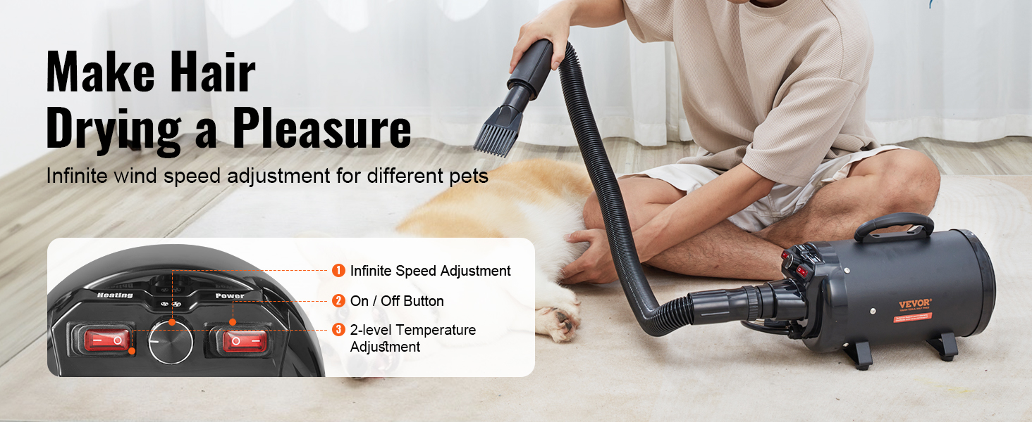 VEVOR dog dryer in black, adjustable settings, used by person drying a pet's fur on a wooden floor.