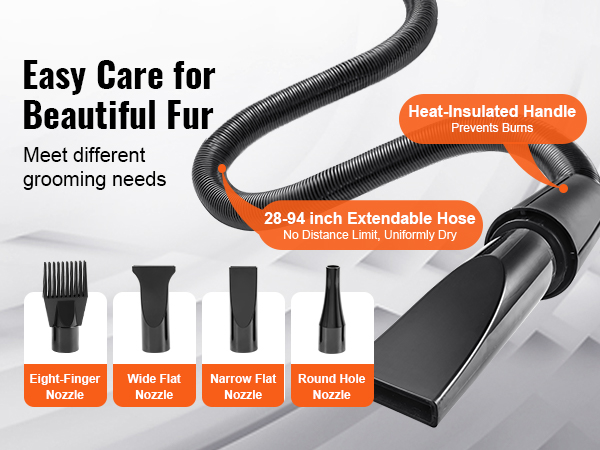 VEVOR dog dryer with heat-insulated handle, 28-94 inch extendable hose, and four nozzle options.