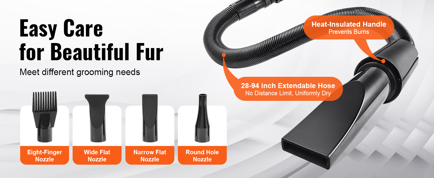 VEVOR dog dryer with heat-insulated handle, 28-94 inch extendable hose, and four nozzle options.