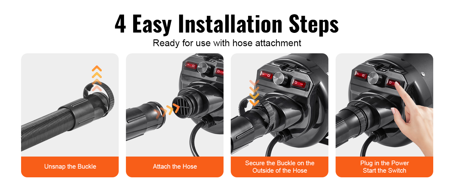 4-step installation guide for VEVOR dog dryer: unsnap buckle, attach hose, secure buckle, plug in and start.
