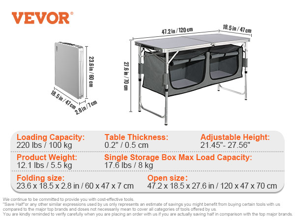 VEVOR camping table with storage, foldable design, adjustable height, 47.2"x18.5"x27.6".