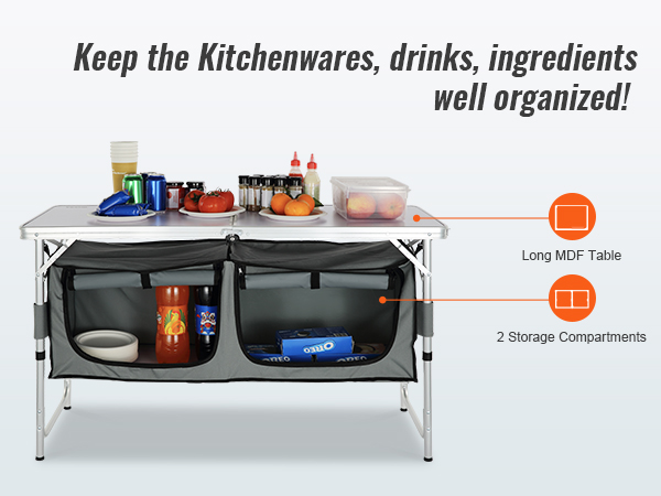 VEVOR camping table with long mdf tabletop, beverages, fruits, spices, and 2 spacious storage compartments.