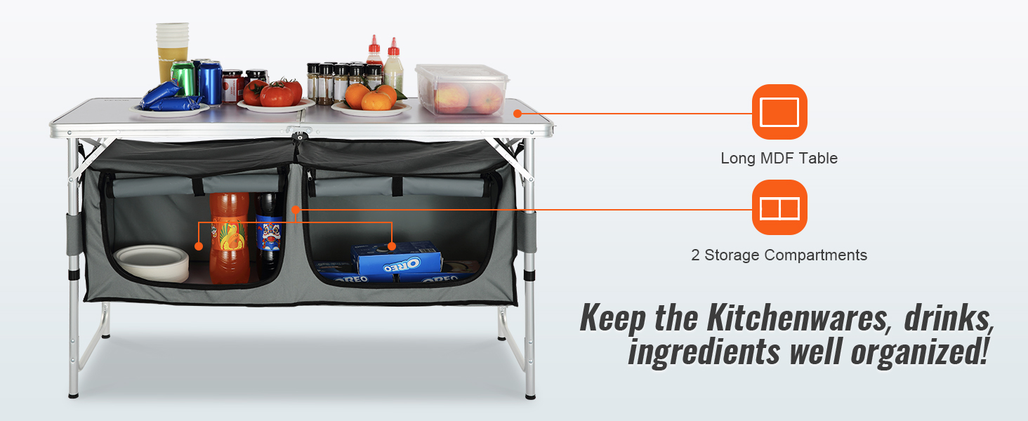 VEVOR camping table with long mdf tabletop, beverages, fruits, spices, and 2 spacious storage compartments.