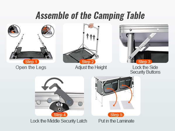 VEVOR camping table assembly steps: open legs, adjust height, lock side buttons, latch, and insert laminate.