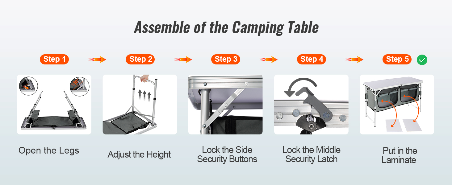 VEVOR camping table assembly steps: open legs, adjust height, lock side buttons, latch, and insert laminate.