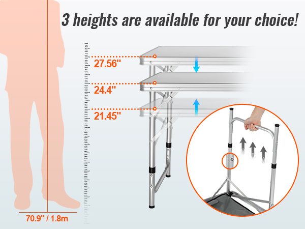 adjustable VEVOR camping table with three height settings: 27.56