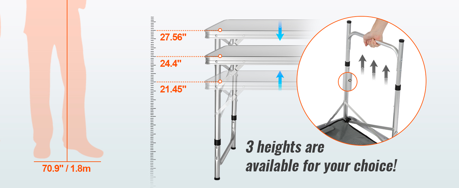 adjustable VEVOR camping table with three height settings: 27.56