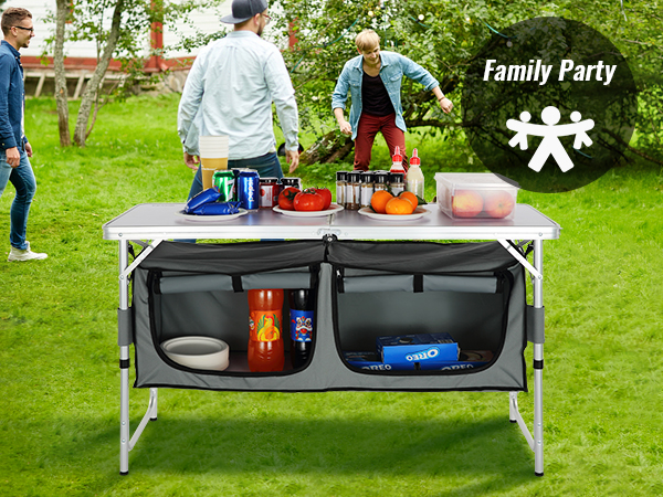 family party in a park with VEVOR camping table set up, featuring drinks and snacks.