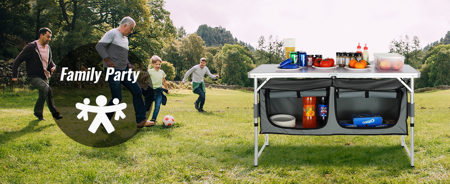 family party in a park with VEVOR camping table set up, featuring drinks and snacks.