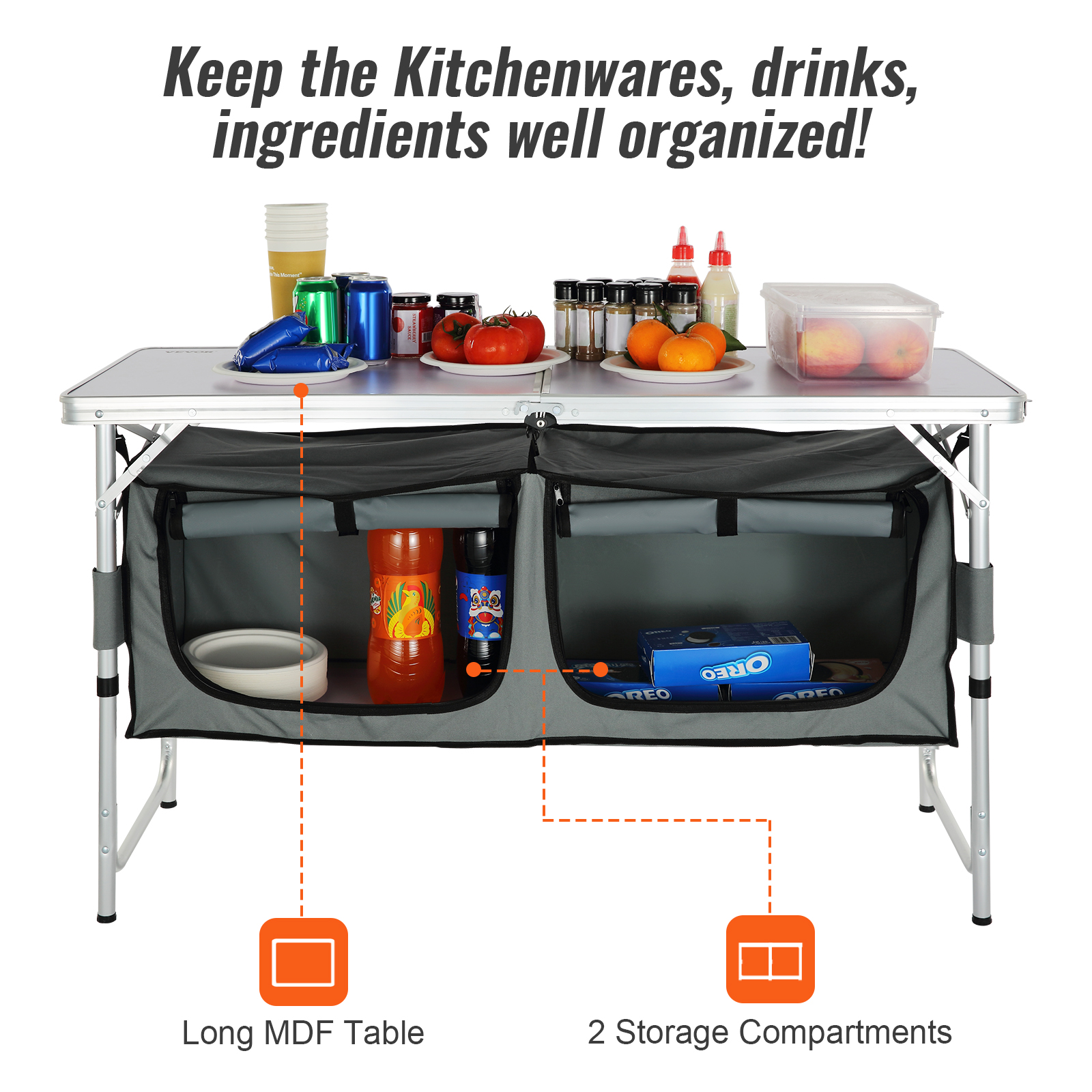 VEVOR camping table with long mdf surface, jars, fruits, and 2 organized storage compartments beneath.