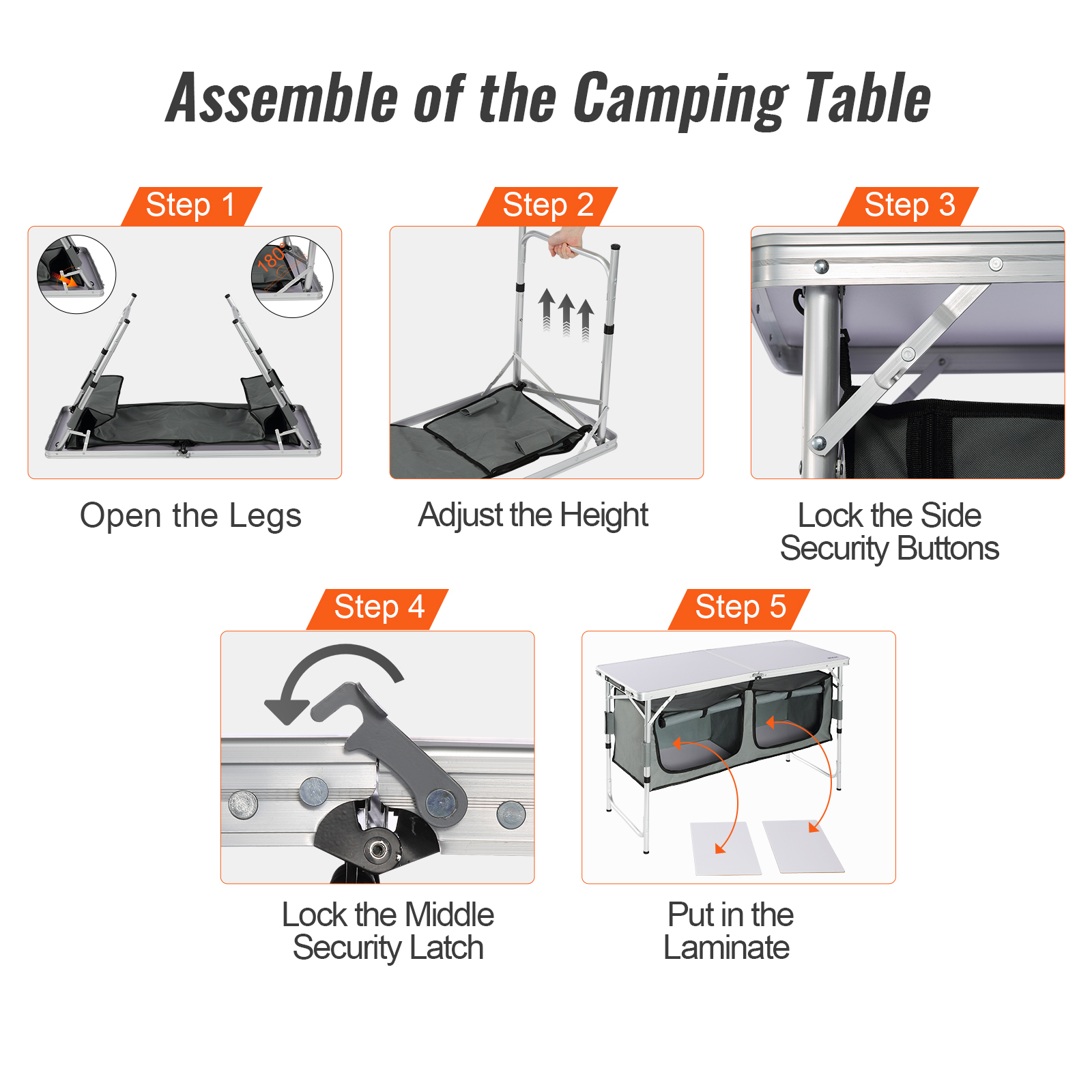 VEVOR camping table assembly steps: open the legs, adjust the height, lock side buttons, latch, insert laminate.