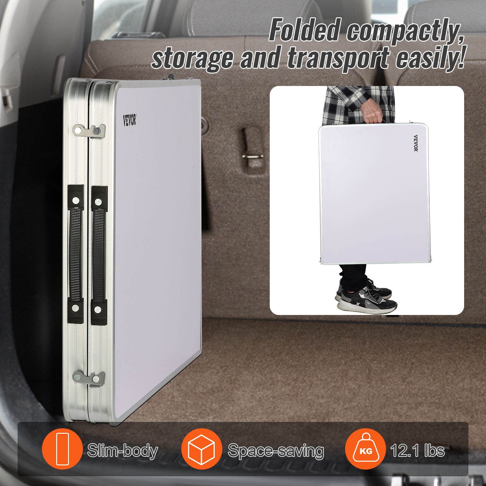VEVOR camping table folded for compact storage in car trunk and easy transport by handle.
