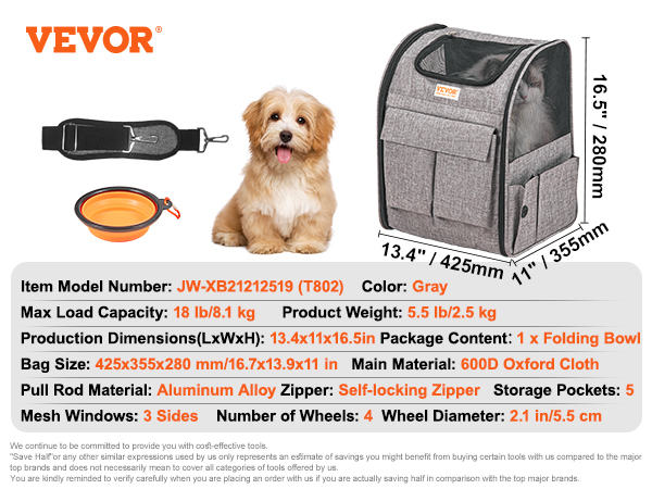 VEVOR rolling pet carrier backpack, gray with 5 storage pockets, mesh windows, and folding bowl.